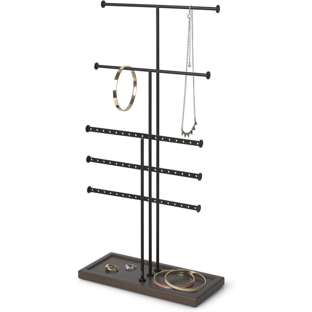 image:imageUmbra Trigem Tiered Tabletop Jewelry Organizer Freestanding Hanging Necklace Earring and Bracelet Display 5 BlackWalnut