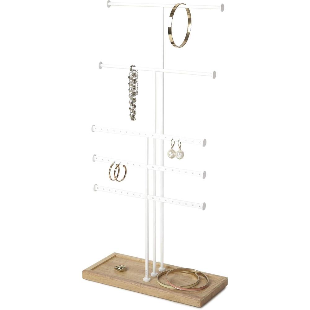 image:imageUmbra Trigem Tiered Tabletop Jewelry Organizer Freestanding Hanging Necklace Earring and Bracelet Display 5 White Natural