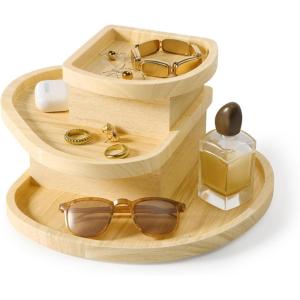 Umbra Cove Storage Box – 3-Tier Stackable Jewelry Organizer with Linen-Lined Compartments, Wood Tone Finish, Modern Decorative Storage for Dresser, Nightstand, or Vanity(Natural)