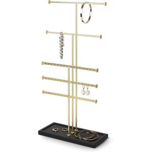 Umbra Trigem Tiered Tabletop Jewelry Organizer Freestanding Hanging Necklace, Earring and Bracelet Display, 5, Black/Brass