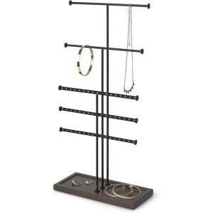 Umbra Trigem Tiered Tabletop Jewelry Organizer Freestanding Hanging Necklace, Earring and Bracelet Display, 5, Black/Walnut