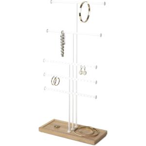 Umbra Trigem Tiered Tabletop Jewelry Organizer Freestanding Hanging Necklace, Earring and Bracelet Display, 5, White Natural