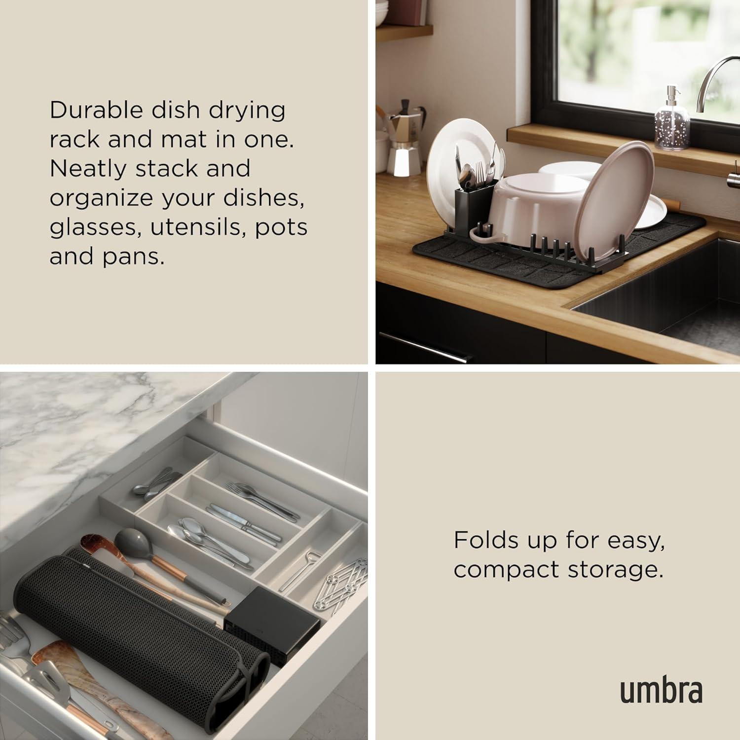 image:imageUmbra UDry Dish Drying Rack with Mat Kitchen Countertop Dish Drainer amp Absorbent Microfiber Drying Mat Foldable Dish Rack Organizer for Plates Cups amp Utensils SandBlack