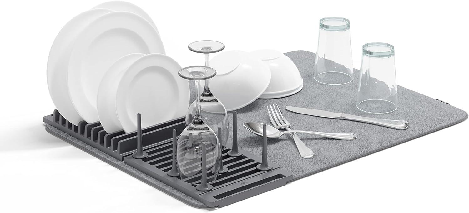 image:imageUmbra UDry Dish Drying Rack with Mat Kitchen Countertop Dish Drainer amp Absorbent Microfiber Drying Mat Foldable Dish Rack Organizer for Plates Cups amp Utensils SandGray
