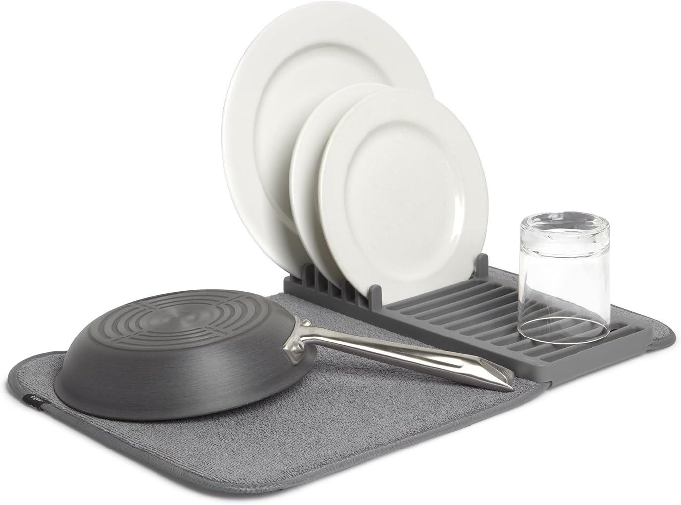 image:imageUmbra UDry Dish Drying Rack with Mat Kitchen Countertop Dish Drainer amp Absorbent Microfiber Drying Mat Foldable Dish Rack Organizer for Plates Cups amp Utensils SandGray