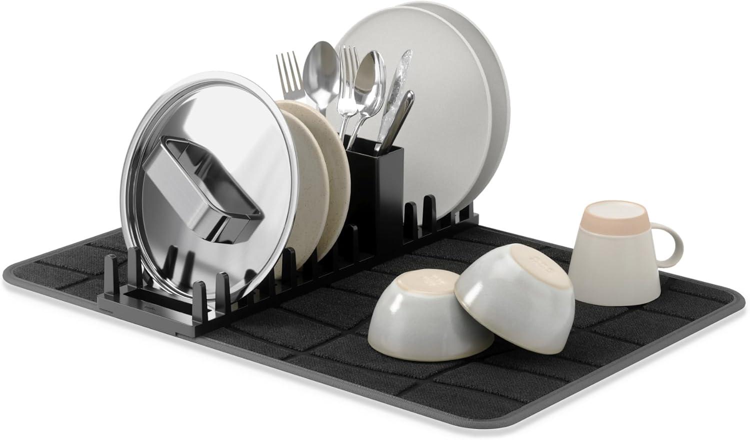 image:imageUmbra UDry Dish Drying Rack with Mat Kitchen Countertop Dish Drainer amp Absorbent Microfiber Drying Mat Foldable Dish Rack Organizer for Plates Cups amp Utensils SandBlack