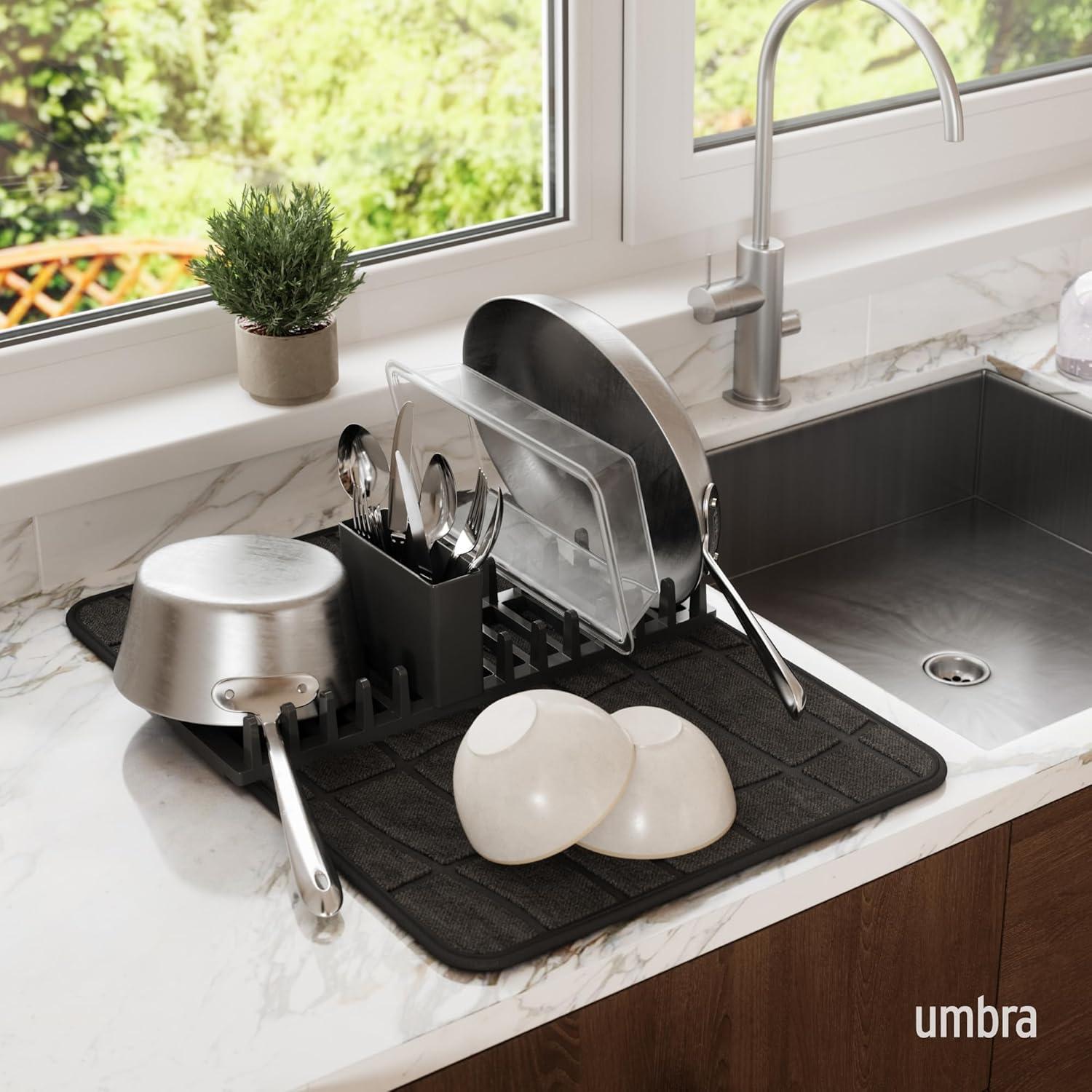 image:imageUmbra UDry Dish Drying Rack with Mat Kitchen Countertop Dish Drainer amp Absorbent Microfiber Drying Mat Foldable Dish Rack Organizer for Plates Cups amp Utensils SandBlack