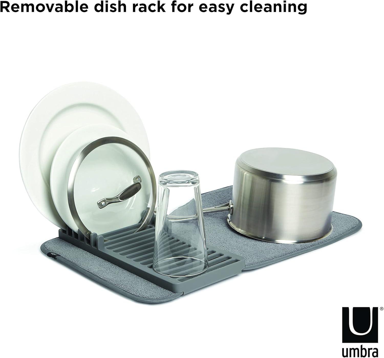 image:imageUmbra UDry Dish Drying Rack with Mat Kitchen Countertop Dish Drainer amp Absorbent Microfiber Drying Mat Foldable Dish Rack Organizer for Plates Cups amp Utensils SandGray