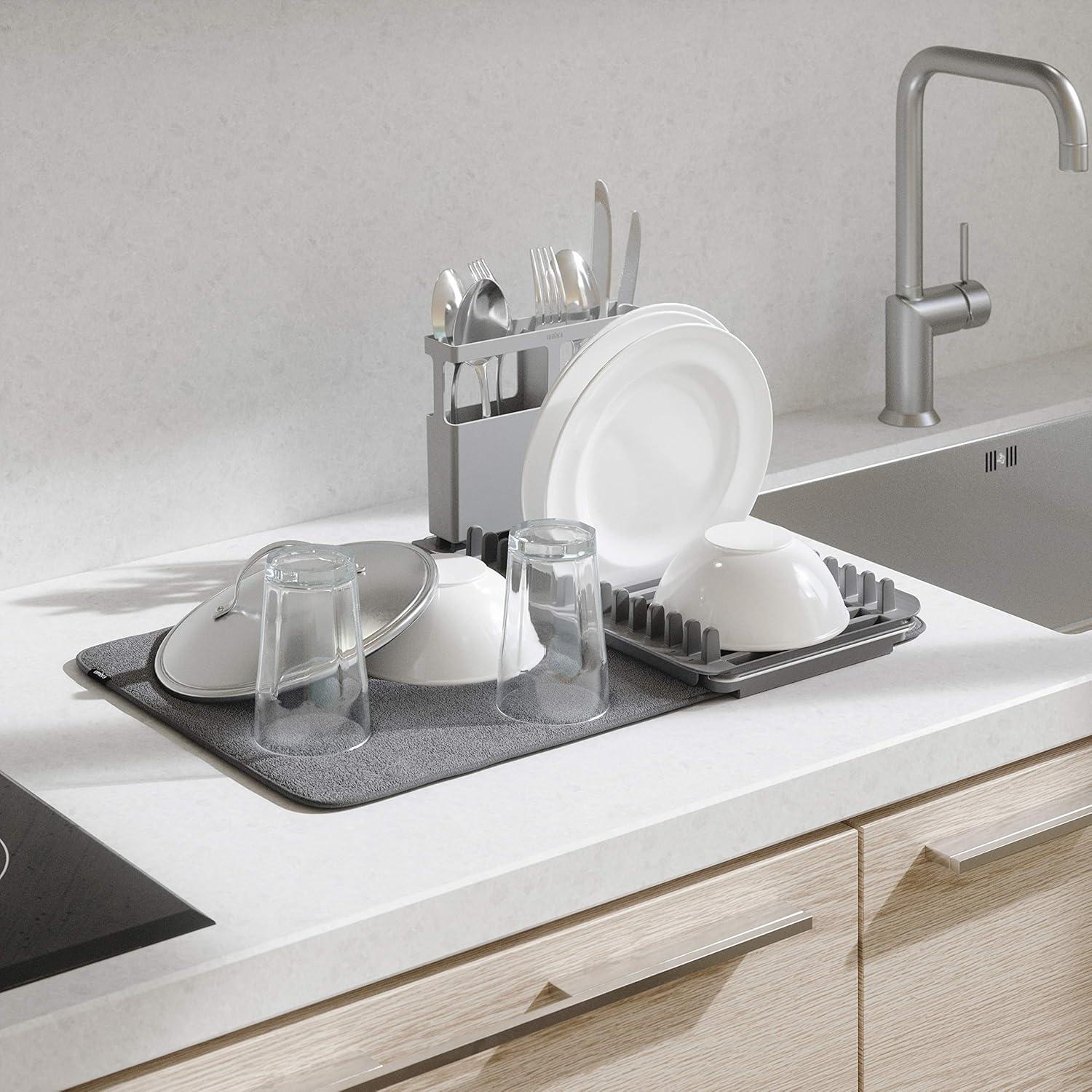 image:imageUmbra UDry Dish Drying Rack with Mat Kitchen Countertop Dish Drainer amp Absorbent Microfiber Drying Mat Foldable Dish Rack Organizer for Plates Cups amp Utensils SandCharcoal