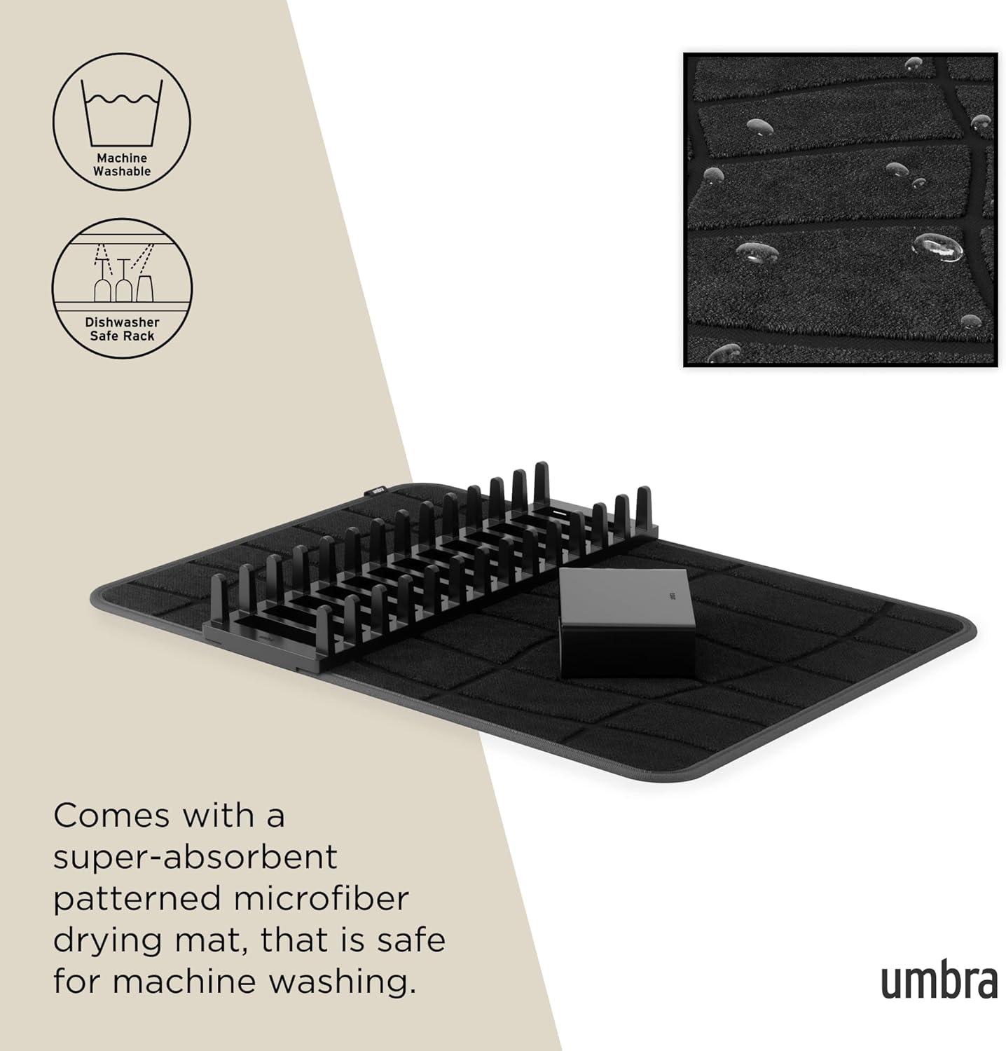 image:imageUmbra UDry Dish Drying Rack with Mat Kitchen Countertop Dish Drainer amp Absorbent Microfiber Drying Mat Foldable Dish Rack Organizer for Plates Cups amp Utensils SandBlack