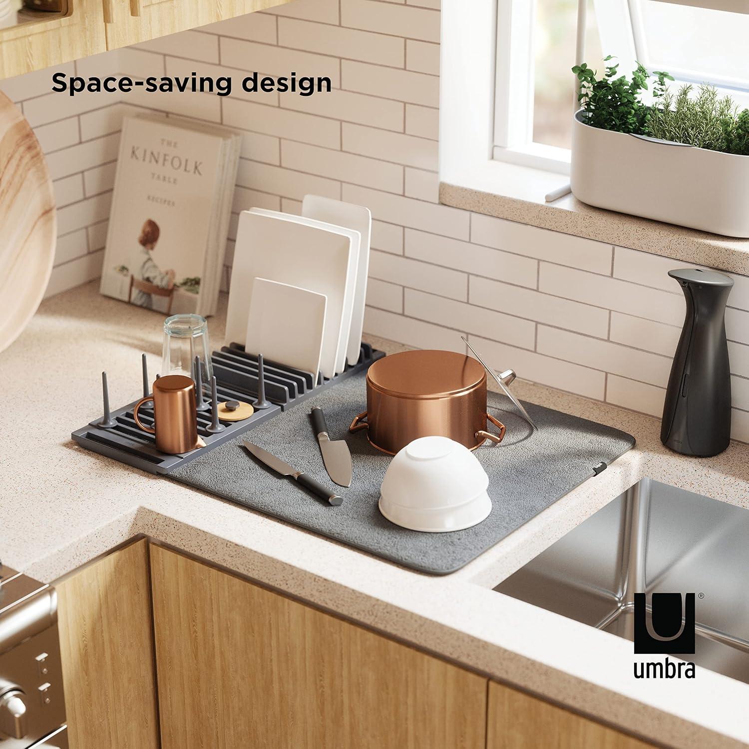 image:imageUmbra UDry Dish Drying Rack with Mat Kitchen Countertop Dish Drainer amp Absorbent Microfiber Drying Mat Foldable Dish Rack Organizer for Plates Cups amp Utensils SandGray