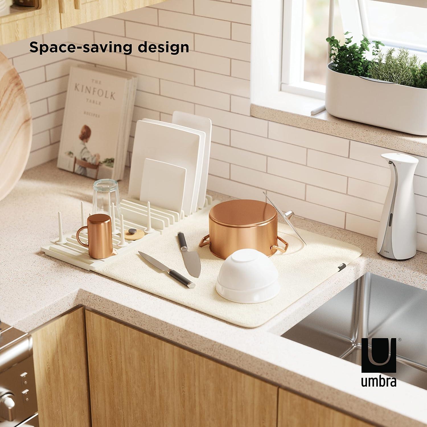 image:imageUmbra UDry Dish Drying Rack with Mat Kitchen Countertop Dish Drainer amp Absorbent Microfiber Drying Mat Foldable Dish Rack Organizer for Plates Cups amp Utensils SandLinen