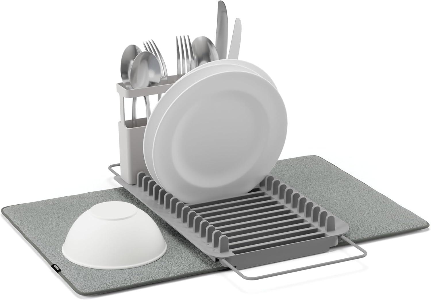 image:imageUmbra UDry Dish Drying Rack with Mat Kitchen Countertop Dish Drainer amp Absorbent Microfiber Drying Mat Foldable Dish Rack Organizer for Plates Cups amp Utensils SandCharcoal