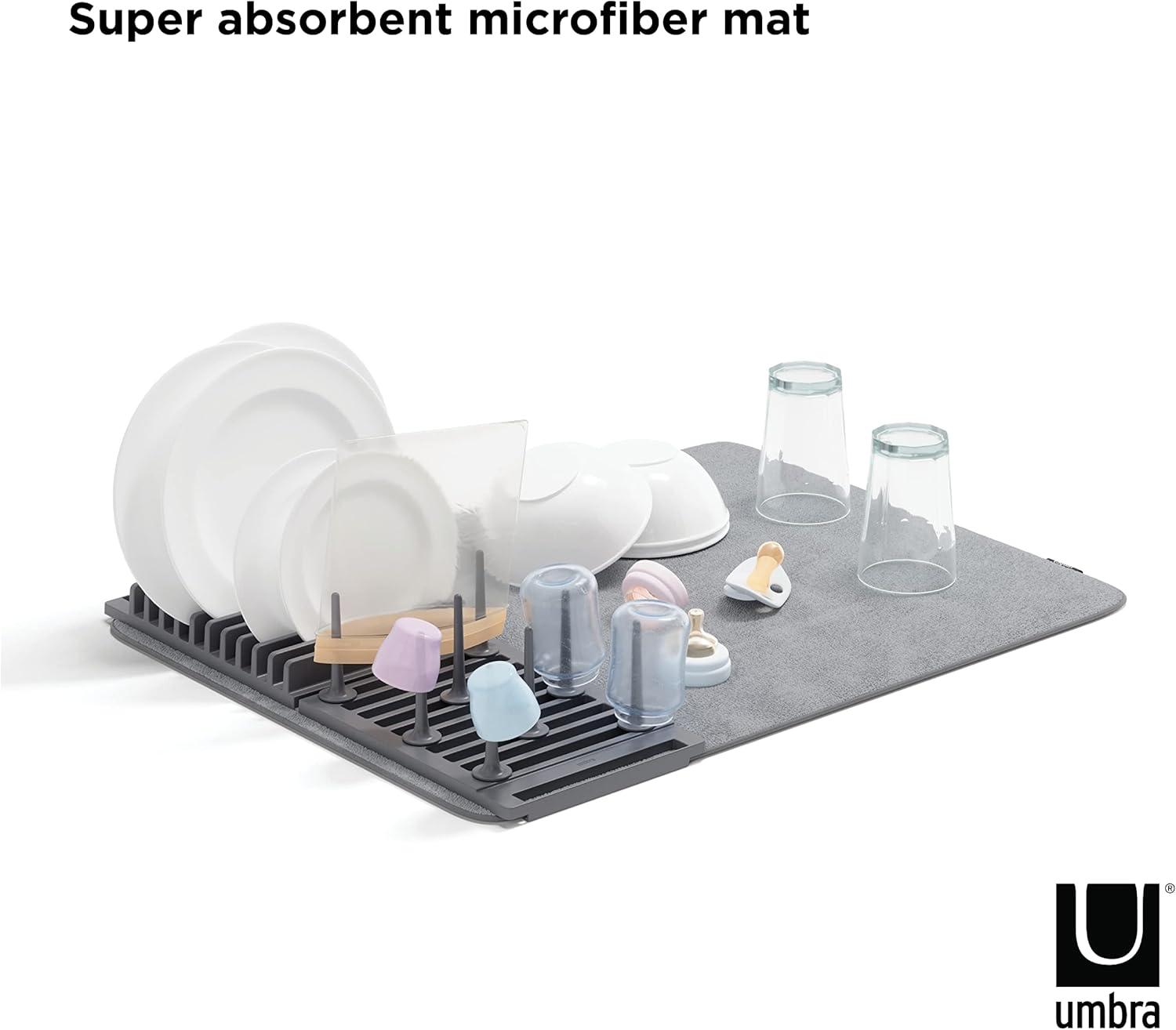 image:imageUmbra UDry Dish Drying Rack with Mat Kitchen Countertop Dish Drainer amp Absorbent Microfiber Drying Mat Foldable Dish Rack Organizer for Plates Cups amp Utensils SandGray