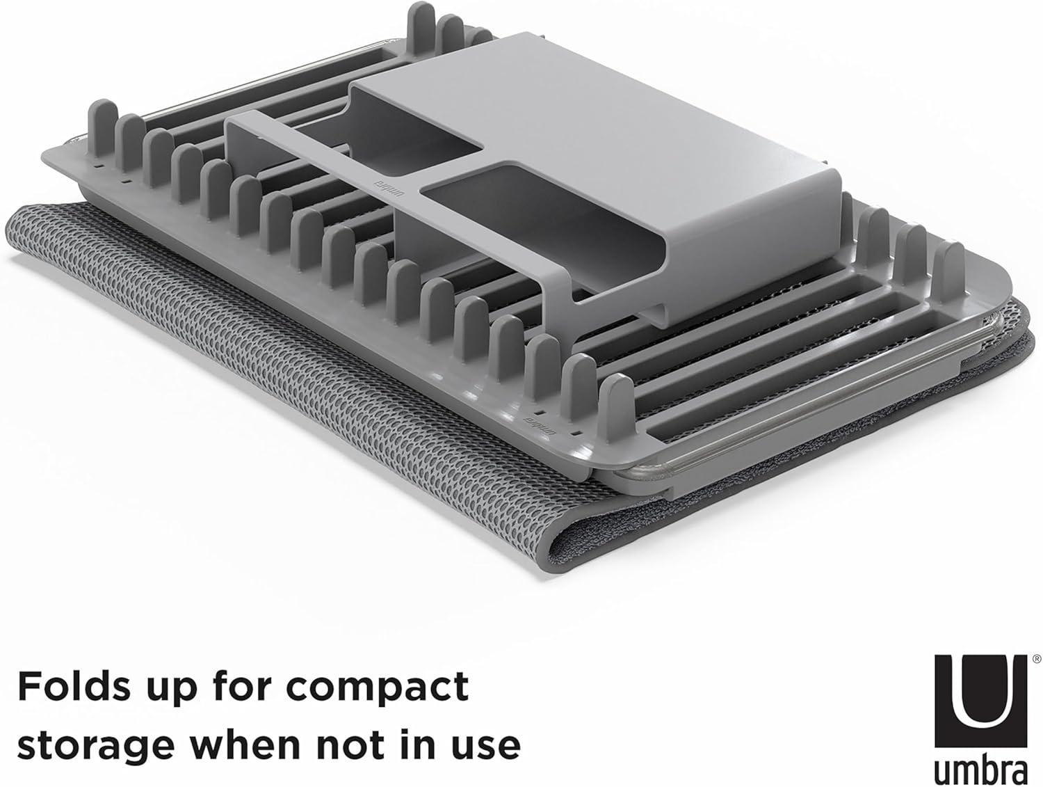 image:imageUmbra UDry Dish Drying Rack with Mat Kitchen Countertop Dish Drainer amp Absorbent Microfiber Drying Mat Foldable Dish Rack Organizer for Plates Cups amp Utensils SandCharcoal
