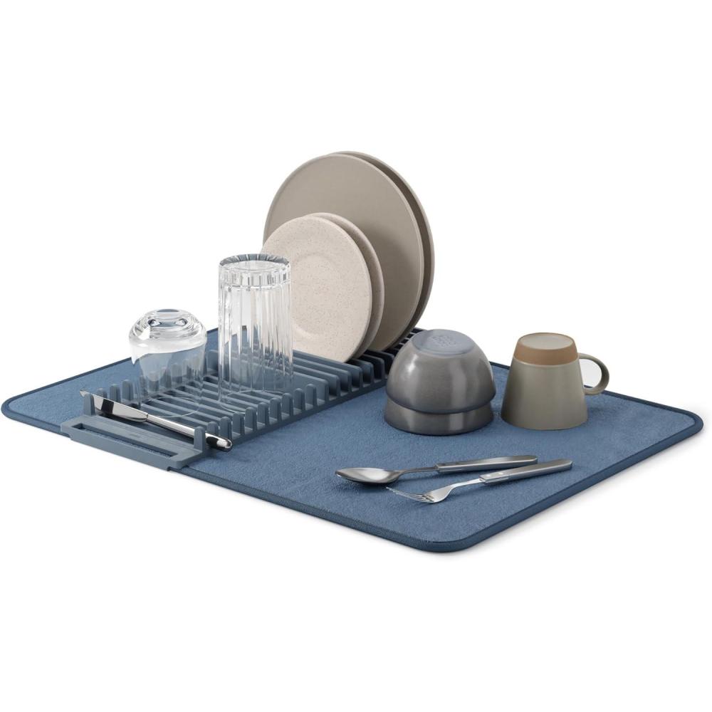 image:imageUmbra UDry Dish Drying Rack with Mat Kitchen Countertop Dish Drainer amp Absorbent Microfiber Drying Mat Foldable Dish Rack Organizer for Plates Cups amp Utensils SandSlate Blue
