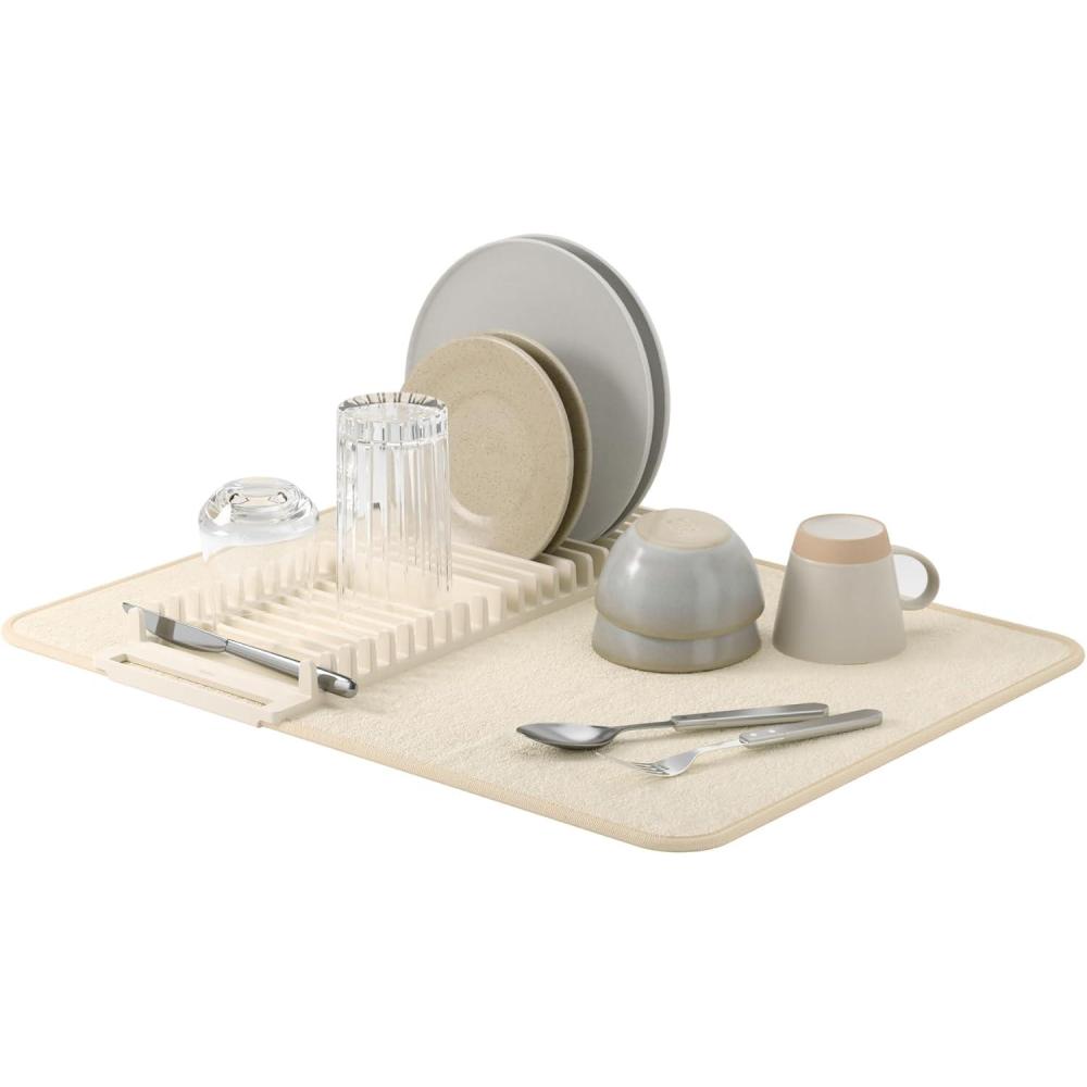 image:imageUmbra UDry Dish Drying Rack with Mat Kitchen Countertop Dish Drainer amp Absorbent Microfiber Drying Mat Foldable Dish Rack Organizer for Plates Cups amp Utensils SandLinen