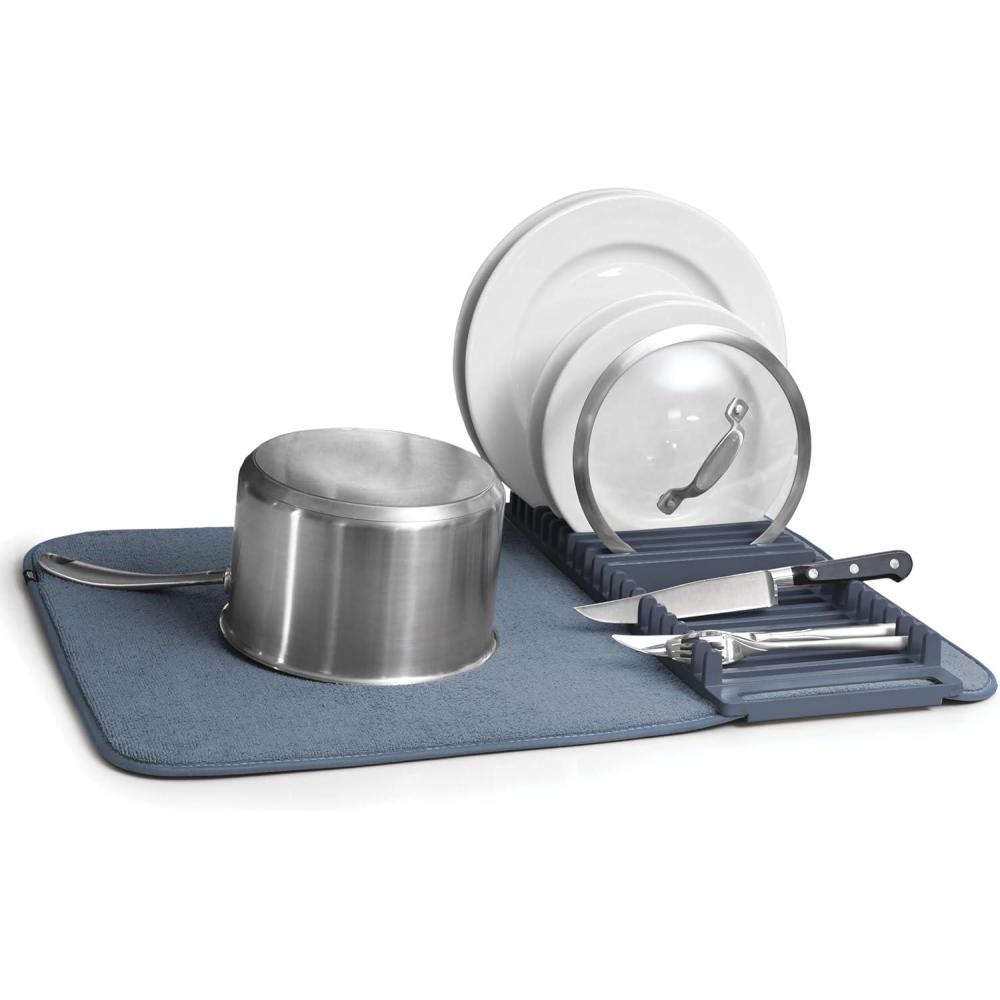 image:imageUmbra UDry Dish Drying Rack with Mat Kitchen Countertop Dish Drainer amp Absorbent Microfiber Drying Mat Foldable Dish Rack Organizer for Plates Cups amp Utensils SandDenim