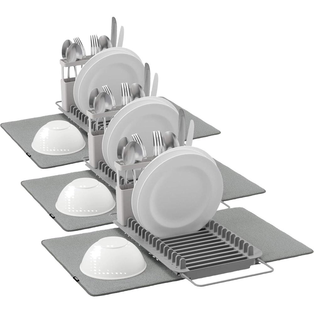 image:imageUmbra UDry Dish Drying Rack with Mat Kitchen Countertop Dish Drainer amp Absorbent Microfiber Drying Mat Foldable Dish Rack Organizer for Plates Cups amp Utensils SandCharcoal