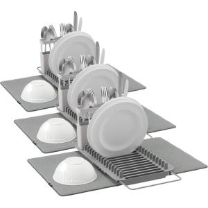 Umbra UDry Dish Drying Rack with Mat – Kitchen Countertop Dish Drainer & Absorbent Microfiber Drying Mat, Foldable Dish Rack Organizer for Plates, Cups & Utensils, Sand(Charcoal)