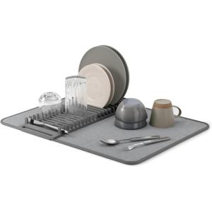 Umbra UDry Dish Drying Rack with Mat – Kitchen Countertop Dish Drainer & Absorbent Microfiber Drying Mat, Foldable Dish Rack Organizer for Plates, Cups & Utensils, Sand(Gray)