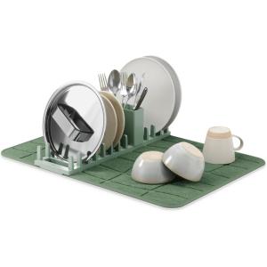 Umbra UDry Dish Drying Rack with Mat – Kitchen Countertop Dish Drainer & Absorbent Microfiber Drying Mat, Foldable Dish Rack Organizer for Plates, Cups & Utensils, Sand(Spruce)