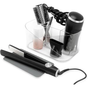 Umbra Glam Organizer, Countertop Makeup and Cosmetic Multi-Function Storage for Hair Tools with Dividers, Clear/Dark Gray(Clear)