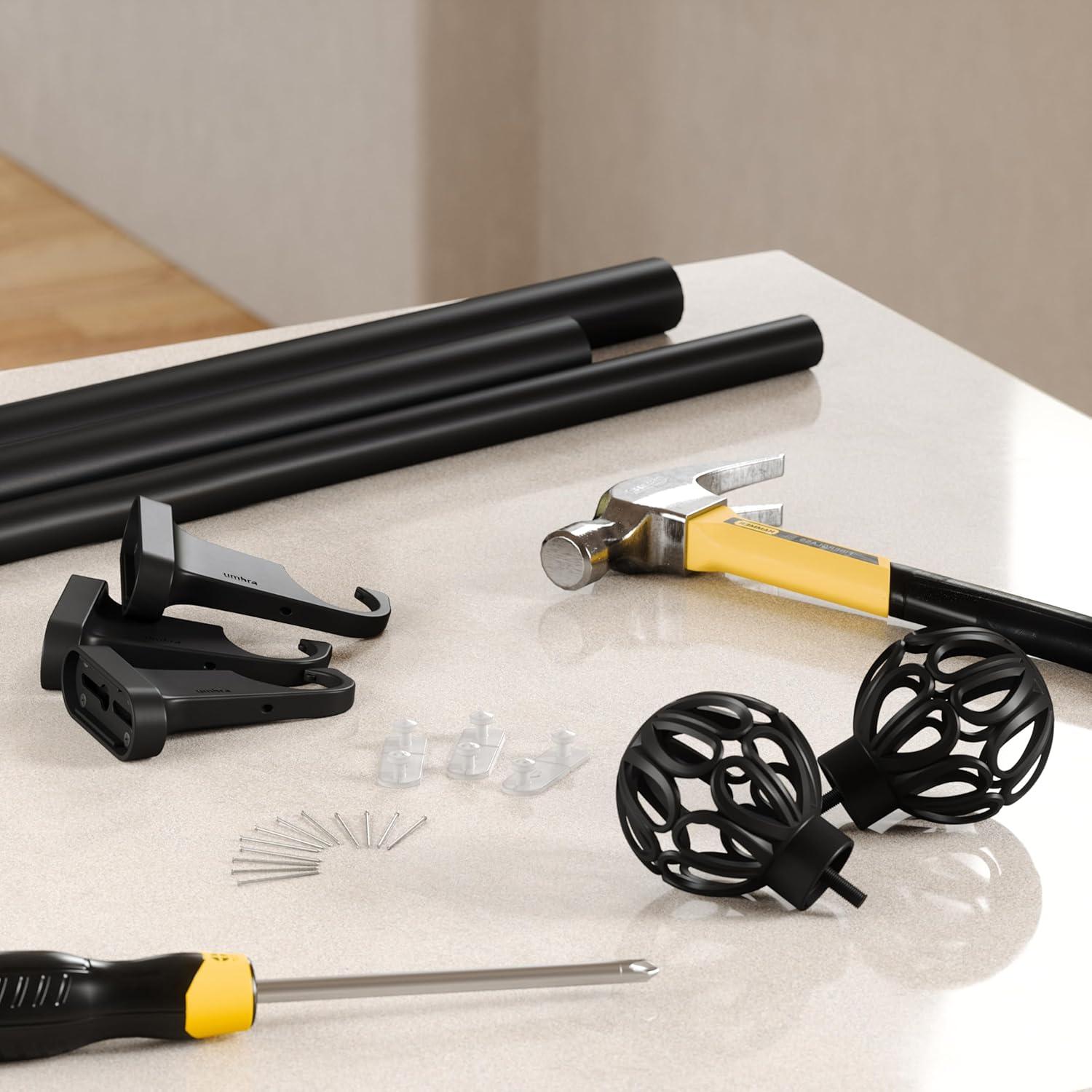image:imageUmbra Aria Cage PinPoint Curtain Rod 42120 Matte Black Steel NoDrill Installation Openwork Orb Finials
