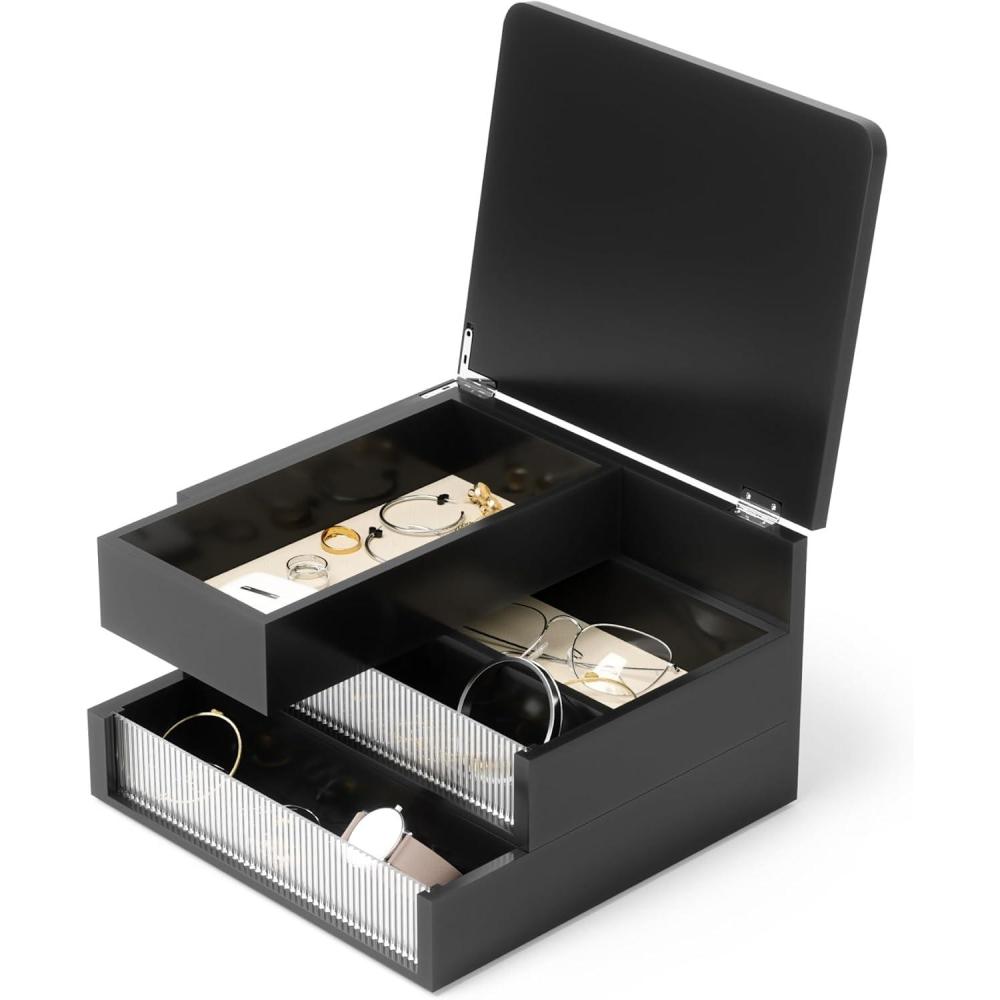 image:imageUmbra Malibu Jewelry Box 3Tier Storage Organizer with LinenLined Compartments Real Wood Fluted Glass Accents amp NonSlip Feet for Dresser Nightstand or Vanity BlackBlack