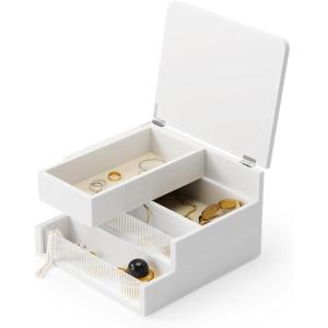 Umbra Malibu Jewelry Box – 3-Tier Storage Organizer with Linen-Lined Compartments, Real Wood, Fluted Glass Accents & Non-Slip Feet for Dresser, Nightstand, or Vanity, Black(White)