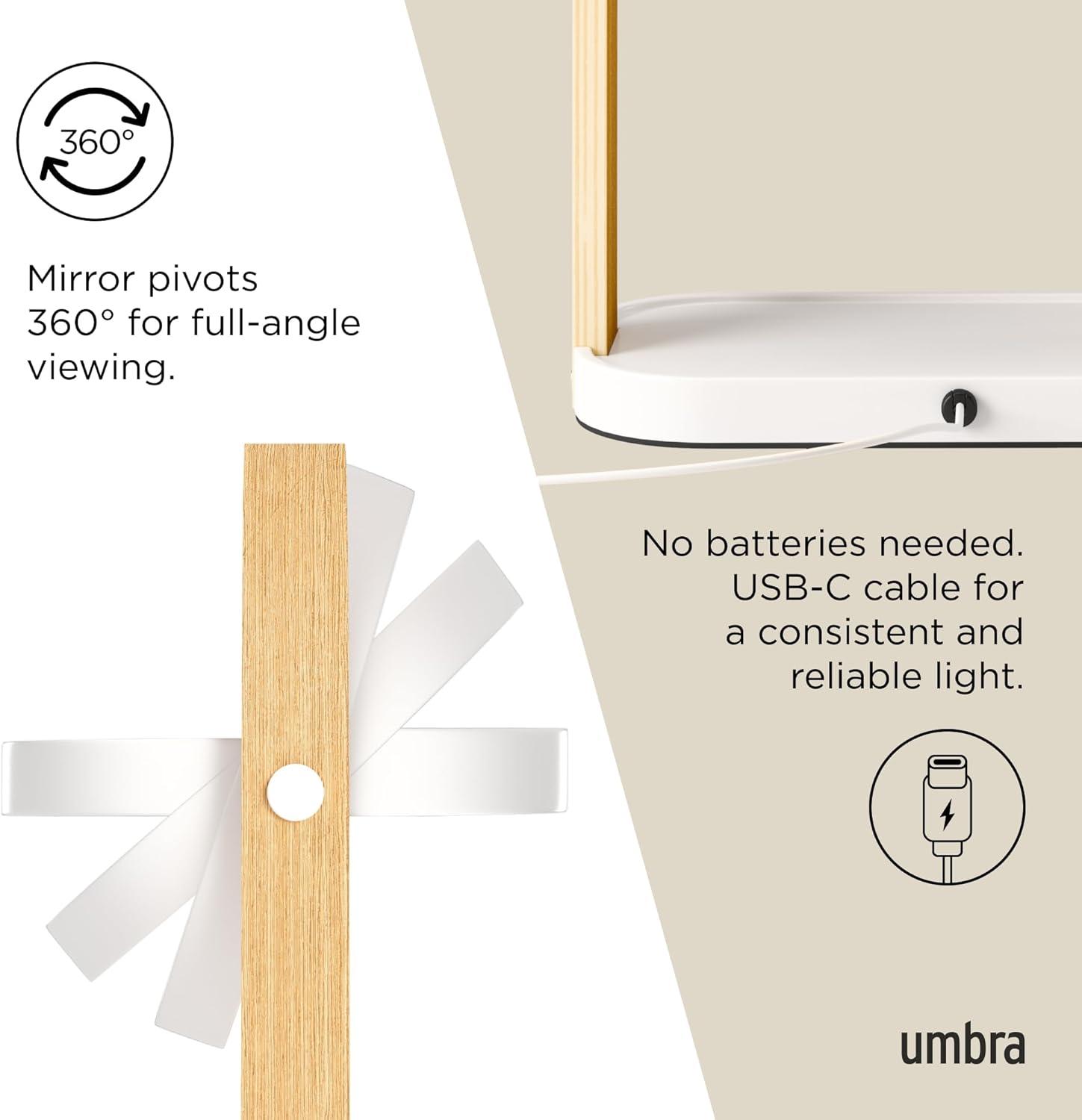 image:imageUmbra Bellwood Vanity Mirror DoubleSided 1x10x Magnifying Mirror with 3 LED Light Temperatures Dimmable Touch Sensor USBC Powered Integrated Storage Tray WhiteNatural