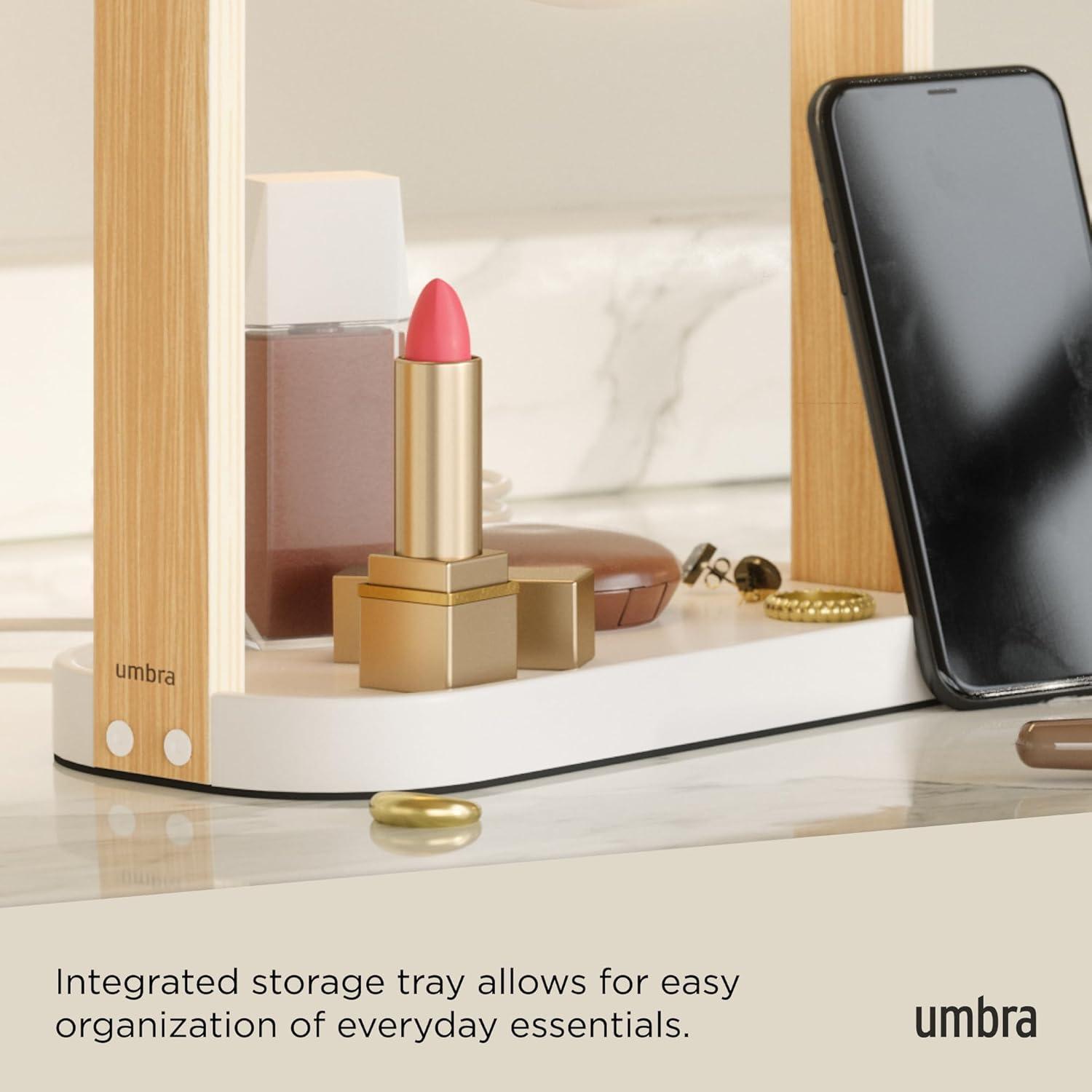 image:imageUmbra Bellwood Vanity Mirror DoubleSided 1x10x Magnifying Mirror with 3 LED Light Temperatures Dimmable Touch Sensor USBC Powered Integrated Storage Tray WhiteNatural