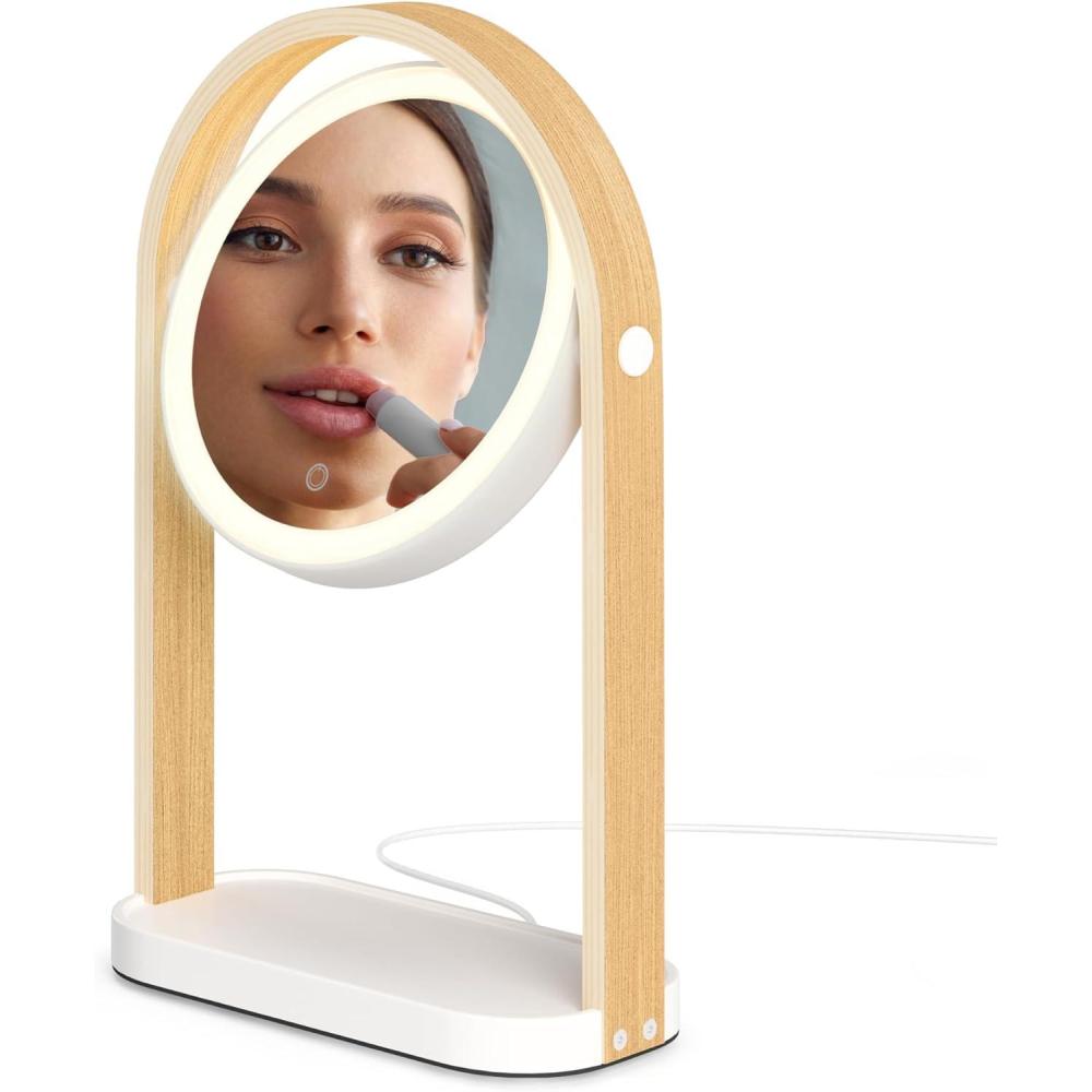 image:imageUmbra Bellwood Vanity Mirror DoubleSided 1x10x Magnifying Mirror with 3 LED Light Temperatures Dimmable Touch Sensor USBC Powered Integrated Storage Tray  WhiteNatural