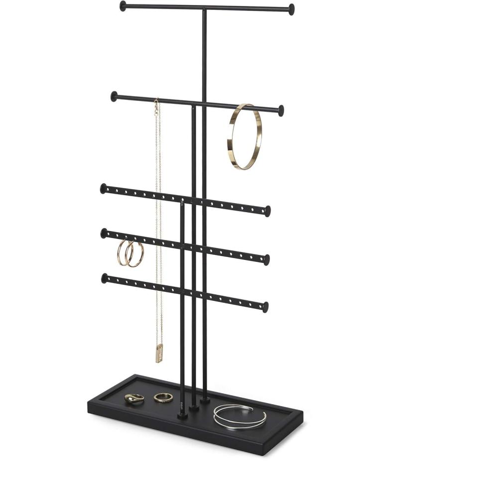 image:imageUmbra Trigem Tiered Tabletop Jewelry Organizer Freestanding Hanging Necklace Earring and Bracelet Display 5 BarnwoodNickelBlack