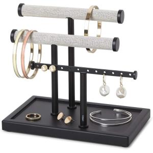 Umbra Trigem Tiered Tabletop Jewelry Organizer Freestanding Hanging Necklace, Earring and Bracelet Display, 5, Barnwood/Nickel(Black/Walnut)